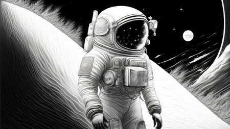 Astronaut in outer space against the background of the moon.の写真素材