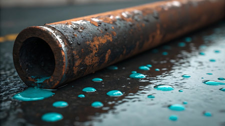 Close-up of rusty pipe with water drops on the asphalt.の素材