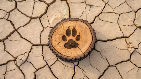 Paw print on dry cracked earth background. Concept of animal protection.の素材