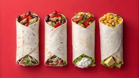 Tortilla wraps with chicken, vegetables and cheese on red backgroundの素材