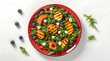 Salad with peaches, blueberries and arugula on white table, top viewの素材