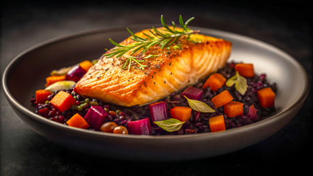 Salmon Steak with Black Rice, Vegetables and Herbsの素材