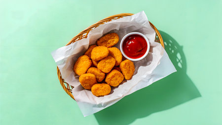 Chicken nuggets with ketchup in a basket on a green backgroundの素材