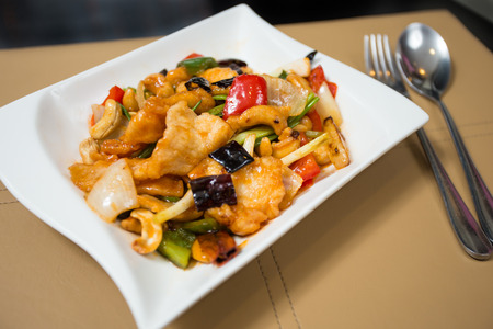 STIR-FRIED CHICKEN WITH CASHEW NUTS in white dishの写真素材