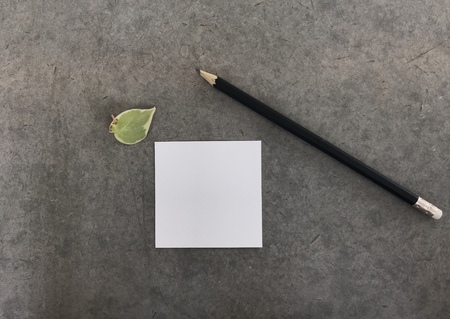 One black pencil with white blank paper in square shape and a small green leaf on grey table, shot from top view, âgetting ideaâ conceptの写真素材