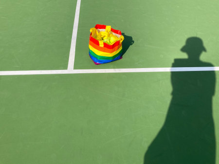 the shadow of a tennis player wearing a hat on the green court and the rainbow bag full of tennis balls in natural daylightの写真素材
