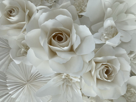 close up shot of a handmade big white paper roseâs bouquet in full frameの写真素材
