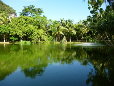 Reflection of cloudy in pond in Malitime resort, Krabi province, Thailandの写真素材