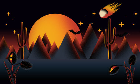 Creepy Halloween background, Ghosts and witches in spooky landscape, October 31, Scary dark Night full moon bats on tree, Digital artの写真素材