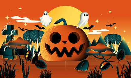 Creepy Halloween background, Ghosts and witches in spooky landscape, October 31, Scary dark Night full moon bats on tree, Digital artの写真素材