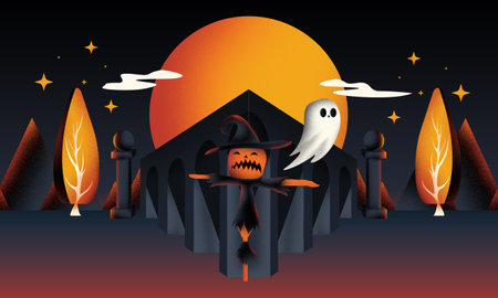 Creepy Halloween background, Ghosts and witches in spooky landscape, October 31, Scary dark Night full moon bats on tree, Digital artの写真素材