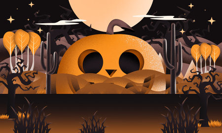 Creepy Halloween background, Ghosts and witches in spooky landscape, October 31, Scary dark Night full moon bats on tree, Digital artの写真素材
