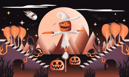 Creepy Halloween background, Ghosts and witches in spooky landscape, October 31, Scary dark Night full moon bats on tree, Digital artの写真素材
