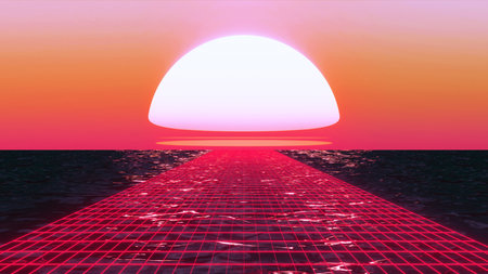 3D render of a sunset over the sea with a red sun, Abstract landscape with sunset, Flyer, EDM, Cover...