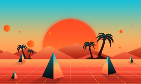 Synthwave and retrowave flyer background, vaporwave 80's landscape, futuristic design, wave music,...
