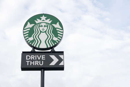Ayutthaya Province, Thailand - September 25, 2014 : the Starbucks drive thru sign at 200th store at FastFac Mini Factory one of the fastest growing industrialのeditorial素材