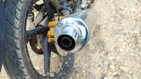Motorcycle exhaust pipe close-up. Details of motorcycle engine.の写真素材