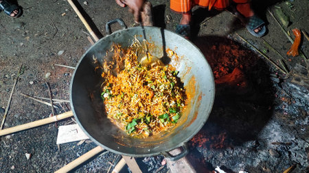 Fried rice in a wok on the street in Kathmandu Nepalの写真素材