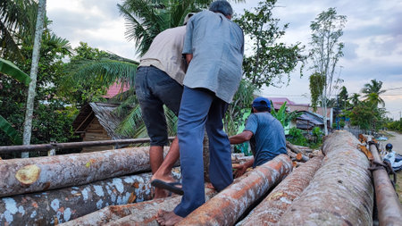 Aceh, Indonesia â March 26, 2023: Asian hardworking men work unloading beams, beams are unloaded from transport trucks. North Aceh, Aceh Province, Indonesia on March 26, 2023のeditorial素材