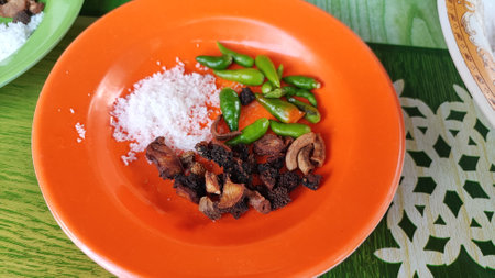 Spicy beef with vegetables on a plate. Close-up.の写真素材