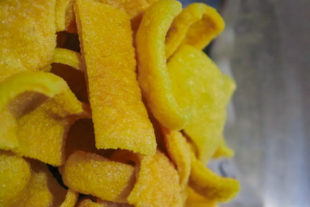 Crispy potato chips in the market, closeup of photoの写真素材