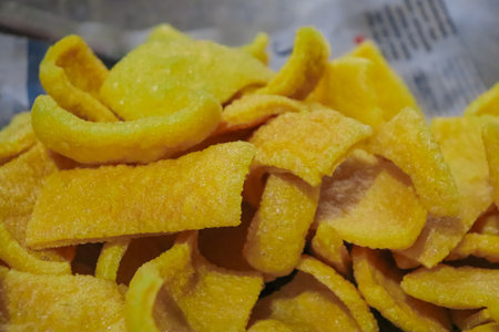 crispy sweet potato chips in the market, closeup of photoの写真素材