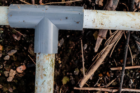 Close-up of a rusty metal pipe on the ground in the forest