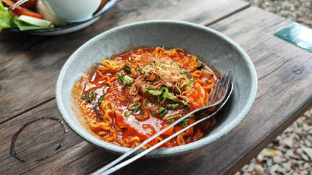 Korean spicy instant noodle soup with pork in bowl on wooden table