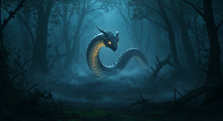 3d rendering of a dragon in a dark forest with a fogの素材