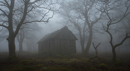 Old wooden hut in the misty forest. Early morning. Halloween.の素材