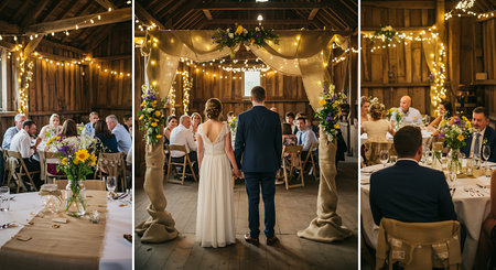 Bride and groom at a wedding ceremony in the rustic style.の素材