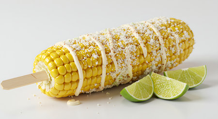 Corn on the cob with a slice of lime on a white backgroundの素材