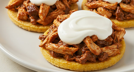 Pancakes with meat and sour cream on a plate close-upの素材