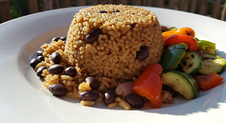 Pilaf with black beans and vegetables on a white plate.の素材