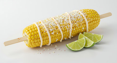 Mexican corn on a stick with lime slices on a white backgroundの素材