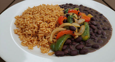 Chili con carne with brown rice and vegetables on white plateの素材
