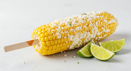 Corn on the cob with cheese and lime on a white background.の素材