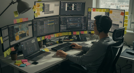 Programmer working on multiple computer screens in a software developing company officeの素材