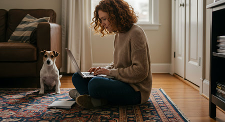 Young woman sitting on the floor with a laptop and a dog at homeの素材
