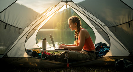 Young woman sitting in tent and working on laptop computer while camping at lake.の素材