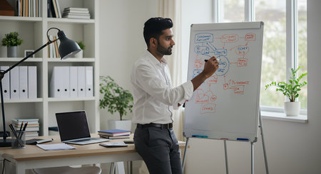 Portrait of Indian businessman writing on whiteboard while standing in officeの素材