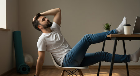 Young man sitting on chair with laptop and yoga mat at home.の素材
