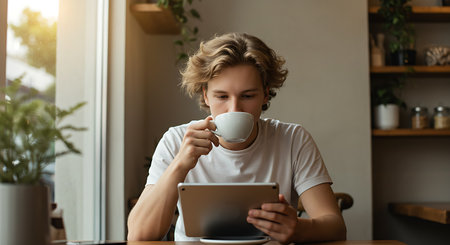 Handsome young man using tablet computer and drinking coffee in cafeの素材