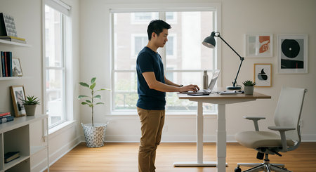 Young man working on computer at desk in office. Side view of male freelancer using laptop while sitting at workplaceの素材