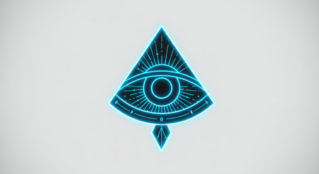 Neon icon of a pyramid with an eye on a white backgroundの素材