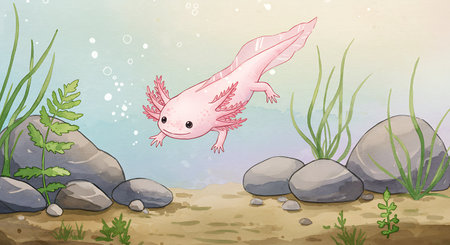 Cartoon illustration of a red salamander swimming in the waterの素材