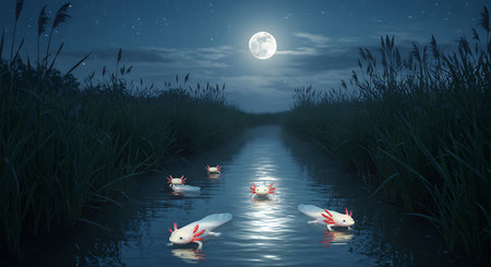 Night landscape with koi fish swimming in the pond and full moonの素材
