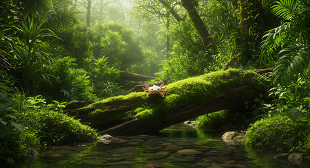 Relaxing on a log by a river in a tropical forestの素材