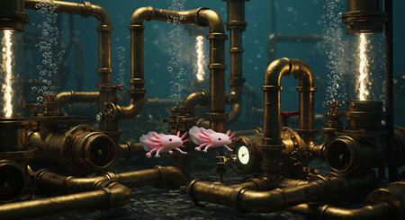 Fantasy scene with water pipes and pink crabs. 3d renderingの素材