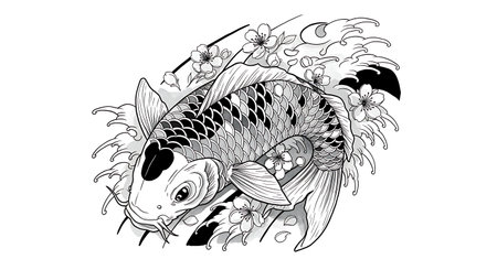 Koi fish with flowers and leaves. Black and white vector illustration.の素材